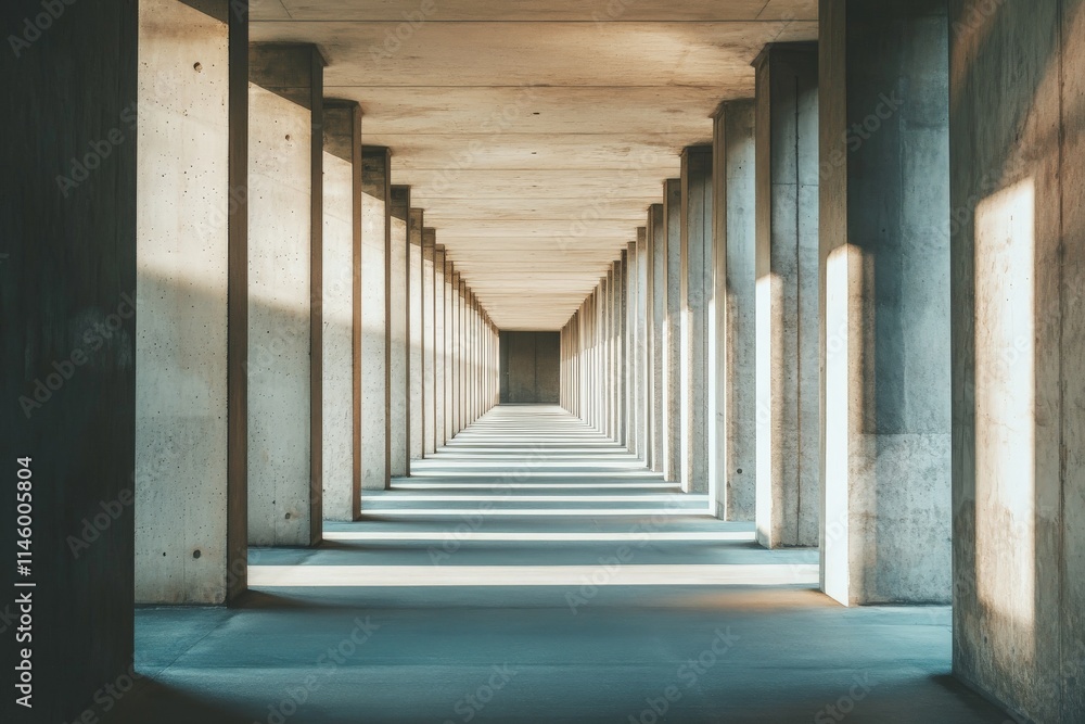 Poster An architectural shot capturing a modern concrete corridor with square columns on each side, creating a fascinating play of light and shadow in a minimalist style.