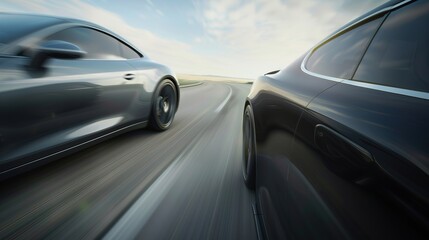 Obraz premium Sleek modern car seamlessly merging with another on futuristic highway, symbolizing technological integration and innovation in automotive design and transportation advancements.