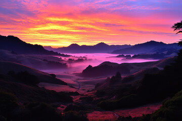 Fototapeta premium Vibrant morning mist filling valley between rolling hills at sunrise