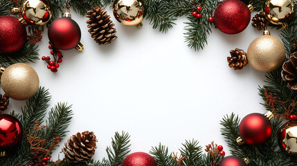 christmas background with christmas decorations on white background. New Year Christmas card 