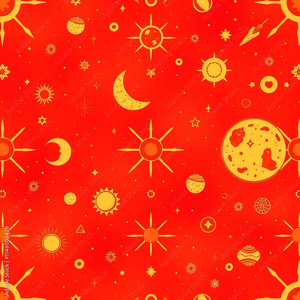 Poster celestial red: a vibrant and cosmic seamless pattern featuring golden celestial bodies on a rich red