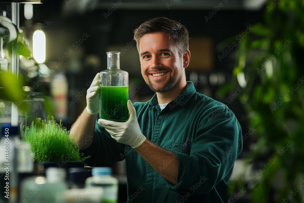 Poster A scientist standing in a lab setting holds a vibrant green liquid in a flask, showcasing the excitement and curiosity inherent in scientific discovery and experimentation.