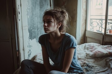 A worried woman sits in an urban room that's dimly lit, evoking a sense of tension and uncertainty amidst the worn and aged surroundings.