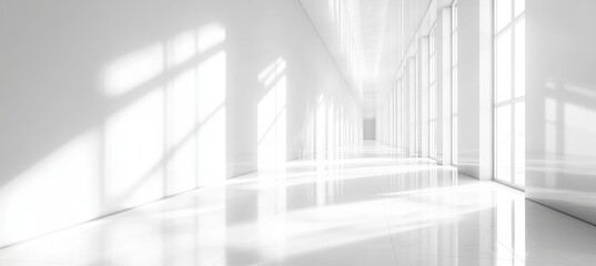 Fototapeta premium A long, empty hallway with white walls and floors