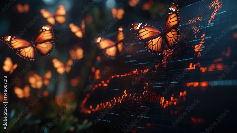 Poster flutter of finance: monarch butterflies on a data screen