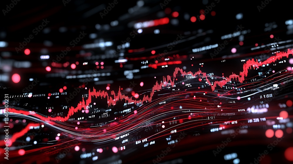 Poster dynamic red data visualization representing stock market trends and financial analysis