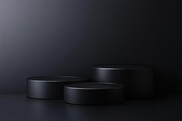Three black pedestals are on a black background