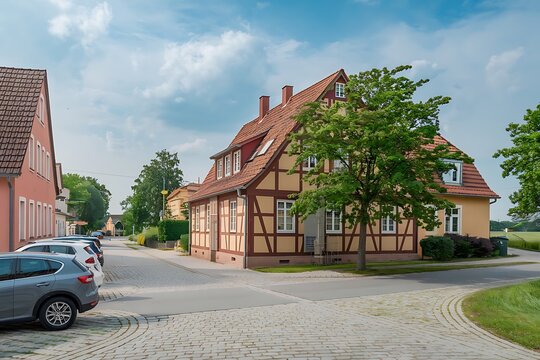 Troas, Sweden - 22 June, 2021: typical red Swedish wooden houses line the streets of the historic city center of downtown Trosa 