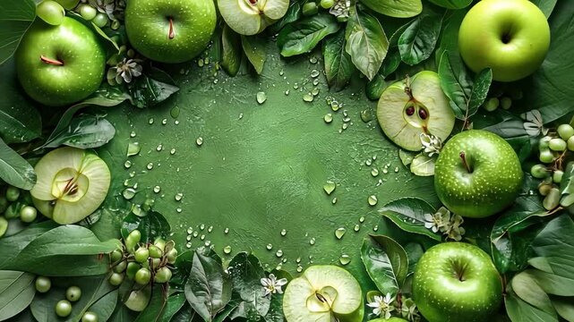 Green Apple Paradise: A vibrant, refreshing image of green apples and leaves arranged in a circular frame with water droplets, creating a natural, organic backdrop for your text or design.  