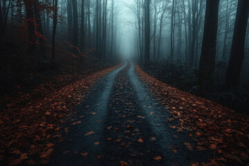 Fototapeta premium Wet winding road disappearing into foggy autumn forest