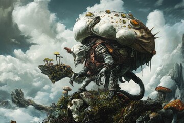 Fototapeta premium A giant mushroom grows on the summit of a mountain, surrounded by rugged terrain