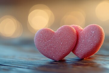 Fototapeta premium A pair of pink hearts sitting on a wooden table, perfect for Valentine's Day or any romantic occasion