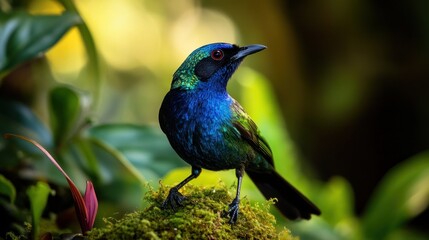Naklejka premium A Hidden Rare Bird Watching the World Quietly From the Dense Canopy of a Remote Rainforest, Shrouded in Mystery 