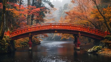 A charming stone bridge arches gracefully over a serene river, its surface reflecting the golden hues of autumn
