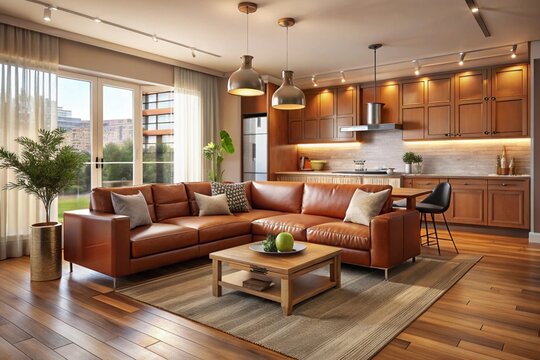 The rander of living room interior in warm tones with leather sofa which is behind the kitchen, 3D rendering with minimal style concept.
