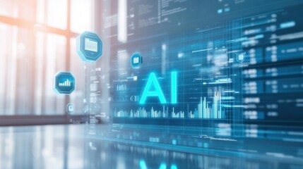 Fototapeta premium A computer screen with a blue word that says AI. Generative AI