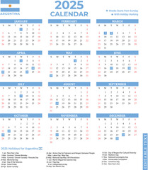 Argentina 2025 yearly calendar with national holidays 