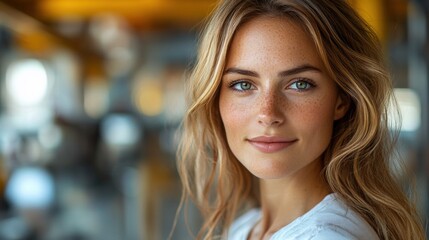 Obraz premium Radiant young woman with freckles and wavy hair smiling indoors