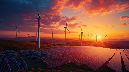Renewable energy landscape at sunset: wind turbines and solar panels in harmony