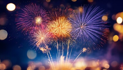 Fototapeta premium Beautiful bright fireworks display illuminating the night sky with vibrant colors and bokeh effect - new year