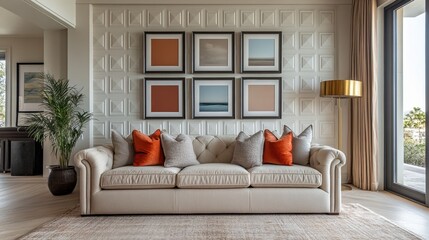 Stylish modern living room with elegant sofa and geometric wall art decor