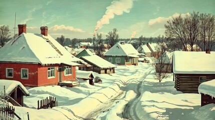 winter harmony: a picturesque eco-village amidst snowy landscapes - perfect poster for sports interiors and sustainable living inspiration