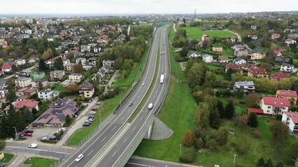 Aerial shot of vehicles on rural freeway