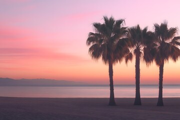 A beautiful sunset on the beach with palm tree and the ocean in the background. The sky is painted with warm colors, creating an atmosphere of tranquility and relaxation