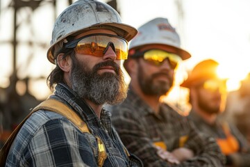 Fototapeta premium Team Discussion Among Oilfield Workers in Afternoon Light