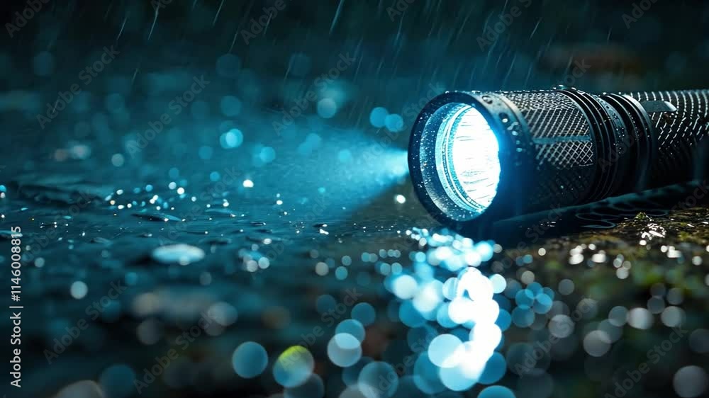 Poster this image features a flashlight illuminating a wet surface during rain. the combination of light an