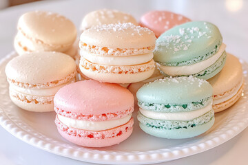 Obraz premium Colorful macarons displaying on white plate with flaky sea salt