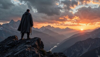 Climber on a rocky ledge watching the sunrise over a vast range of rugged mountain peaks