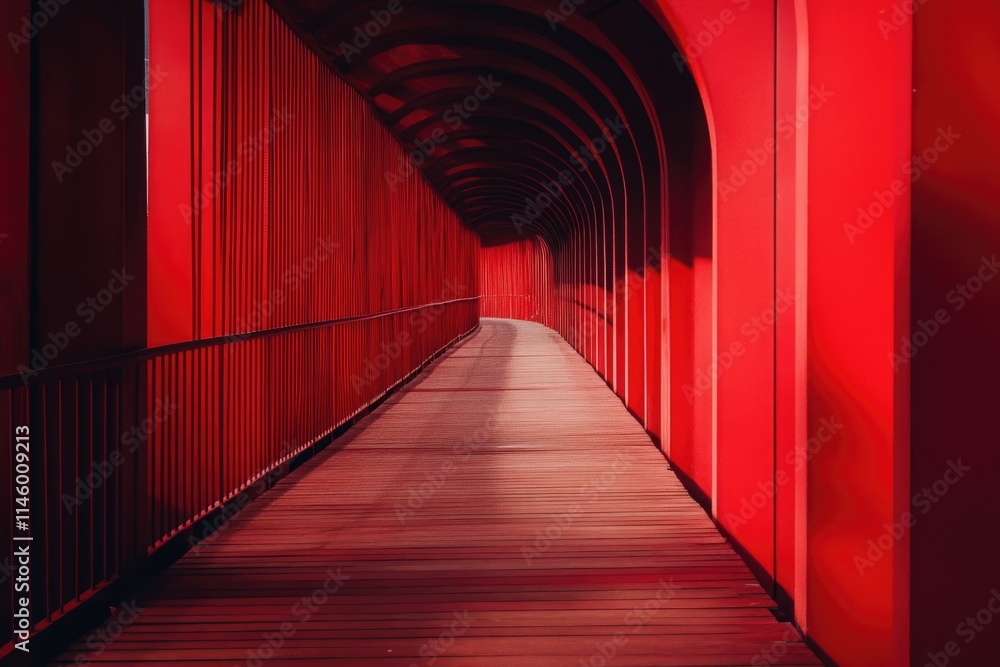 Poster a long red bridge with a red light at the end, suitable for use in illustrations or designs where a 