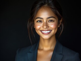 A woman in a suit is smiling for the camera