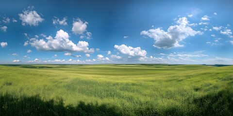 Fototapeta premium A green, grassy field under the blue sky with white clouds, a large grain farm in view