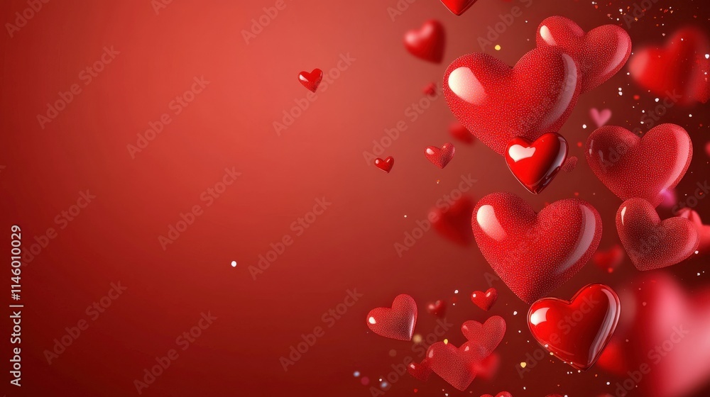 Poster festive red hearts floating on a soft red background with sparkling elements, perfect for valentine'