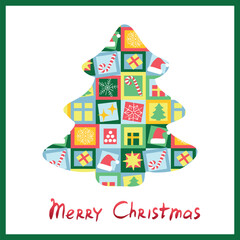 Christmas tree in modern minimalist geometric style. Winter template, poster, card. Colorful illustration in flat cartoon style. Xmas tree with simple holidays simbols, abstract vector