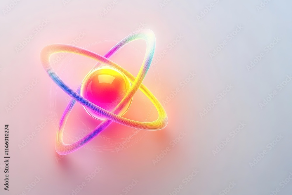 Wall mural colorful neon atom model on gradient background