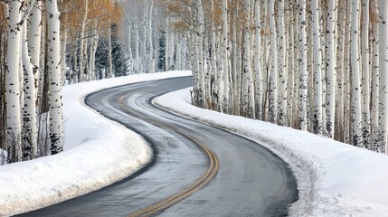 Obraz premium Snowy Road Through Birch Forest