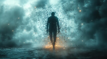 Fototapeta premium Mystical transformation: silhouette emerging from a glowing portal in a foggy atmosphere