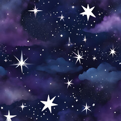 Naklejka premium A whimsical night sky pattern featuring sparkling stars and soft clouds in deep blues and purples, perfect for dreamy designs, textiles, and enchanting backgrounds.