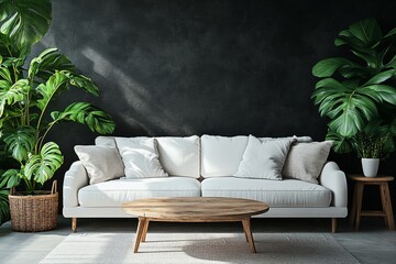 A large white couch sits in front of a wooden coffee table