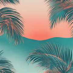 Obraz premium A stunning tropical design featuring teal palm leaves against a soft coral gradient background, perfect for summer-themed projects, textiles, and vibrant home decor.