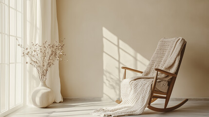 Minimalist living room scene: an elderly man's rocking chair covered with a knitted blanket against a soft beige wall
