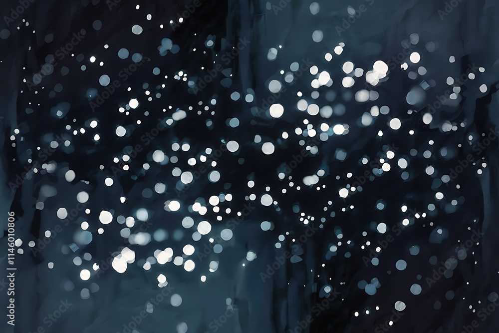 Poster midnight blue background with soft, luminous white points shimmering across the surface. the dots va