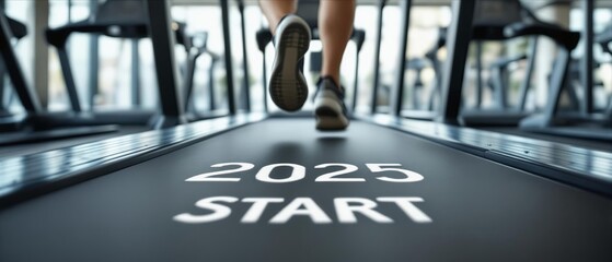 Treadmill Workout With "2025 Start" Sign, Symbol Of New Goals And Beginning Of Sports Path