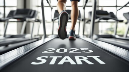 Starting the New Year on a Treadmill, Symbol of the Beginning of the Fitness Journey, Motivation and Sports for 2025