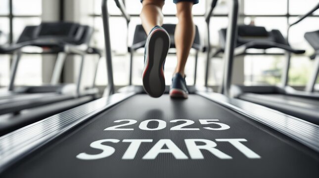 Starting the New Year on a Treadmill, Symbol of the Beginning of the Fitness Journey, Motivation and Sports for 2025