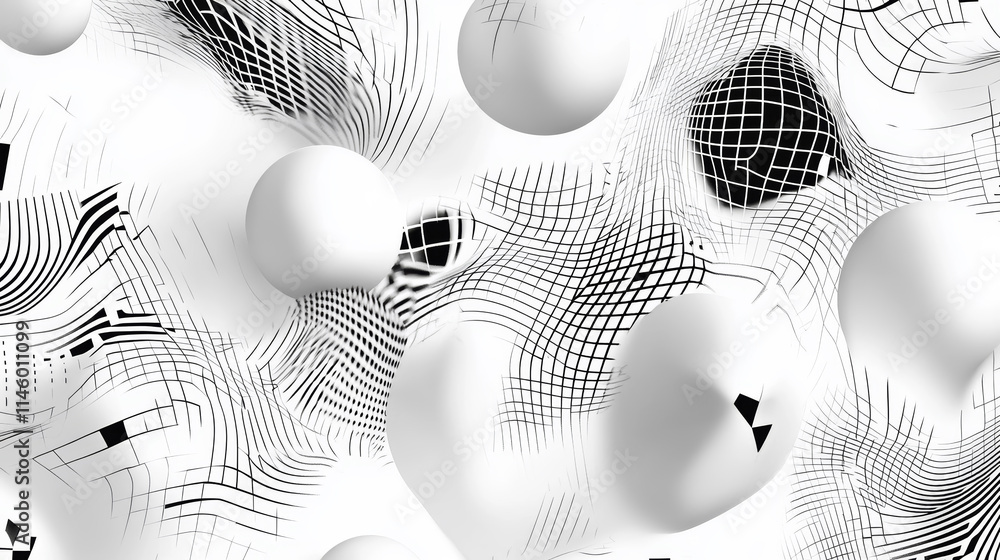 Poster abstract patterns with spherical shapes and grid lines on a white background