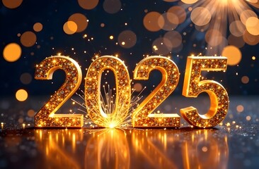 Sparks fly from the festive numbers 2025, celebrating the New Year 2025 and Christmas